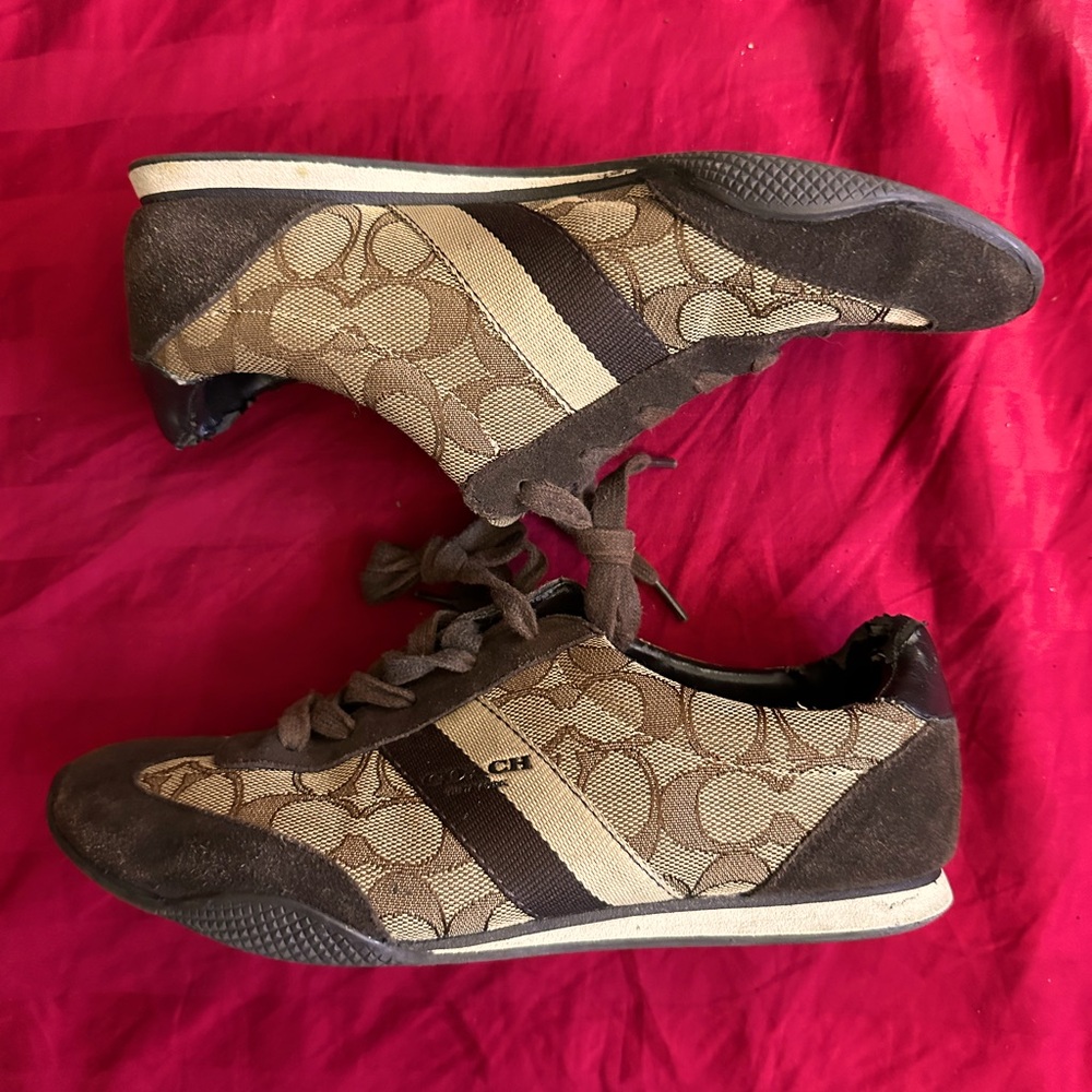 COACH Kelson Tennis Shoes Khaki Brown Signature Jacquard Suede Sneakers US 6.5B